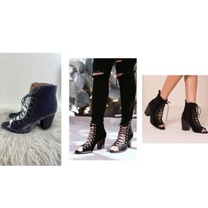 YOKI Brie Lace Up Stacked Heel Peep Toe Gray/Blue Ankle Booties Boots Sz 11 NEW